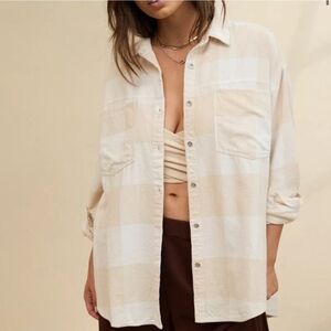 NWT Aerie Anytime Fave Flannel Button Down Shirt Camel And White XS